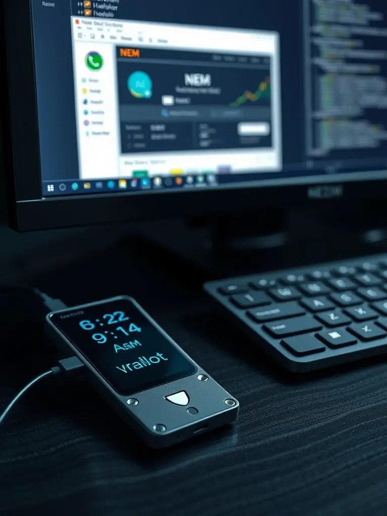 A Trezor hardware wallet connected to a computer, with the NEM Wallet interface displayed on the screen, showcasing hardware wallet integration.