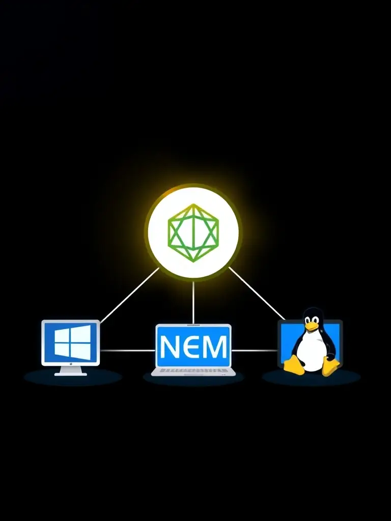 An icon showing various device platforms (Windows, Mac, Linux) connected to the NEM Wallet, highlighting its cross-platform compatibility.